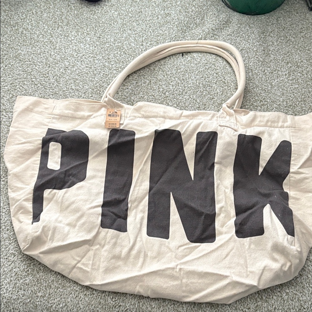 PINK Victoria's Secret Natural Canvas Tote with Black Logo